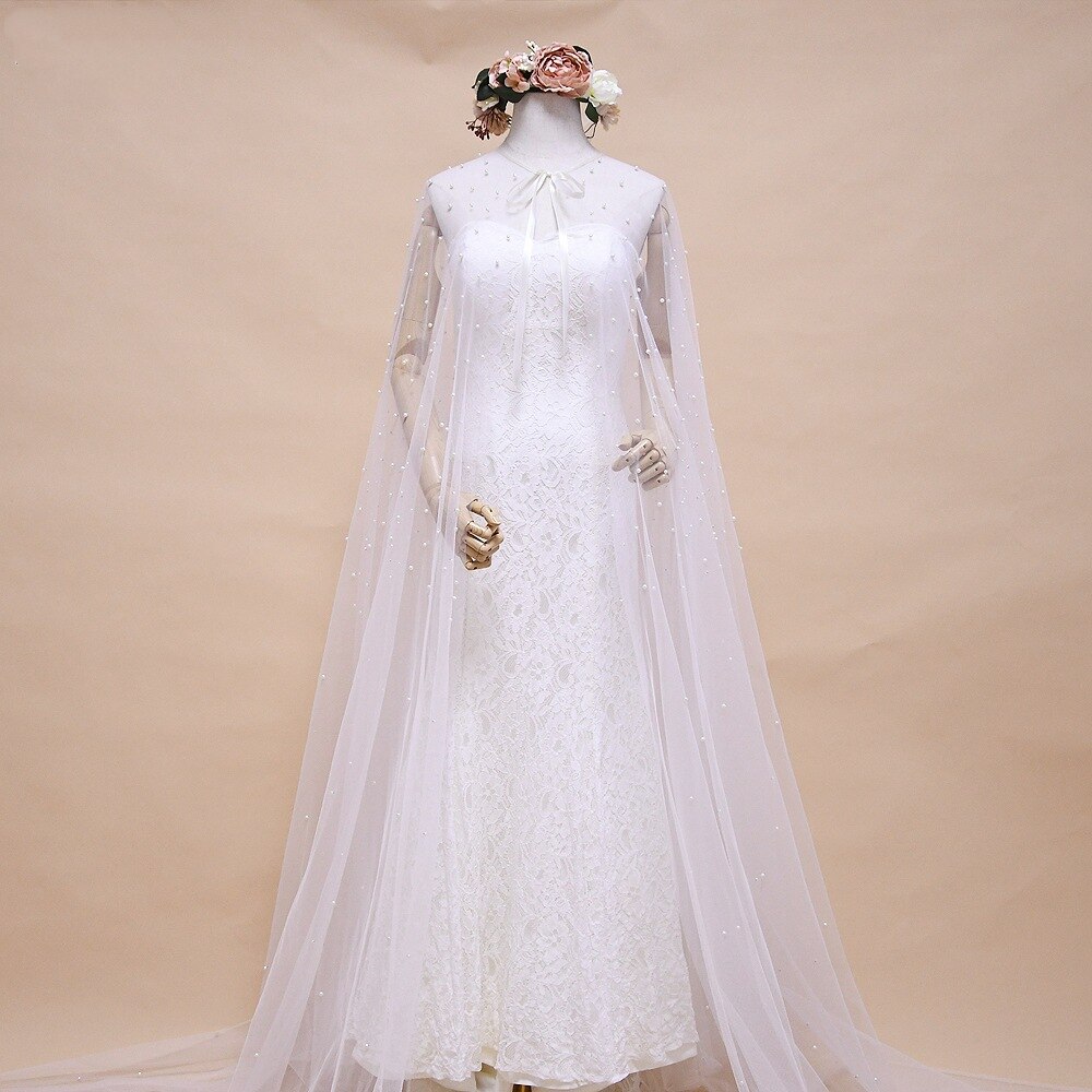 Janevini Elegante Parels Bruid Bolero Ivoor Beach Wedding Sjaals En Wraps Tulle Jassen Voor Bridal Party Vrouwen Cape Mariee: Default Title