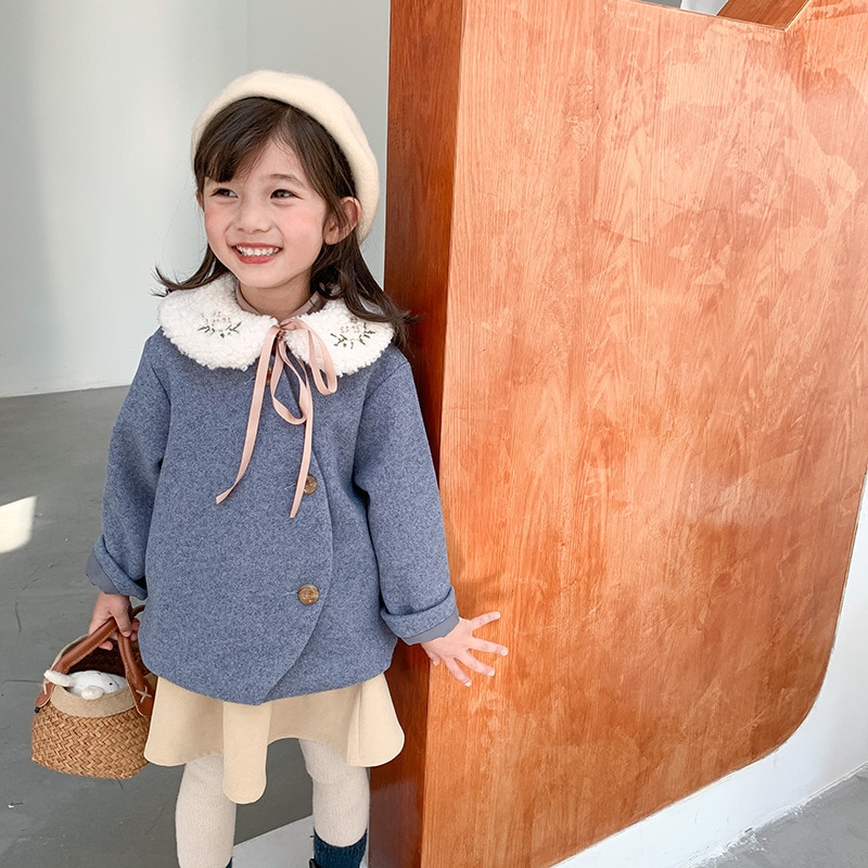 Manteau duffle-coat chic pour filles coréennes automne et hiver veste à col rond pour enfants vêtements manteau surdimensionné pour enfants sans col en flanelle