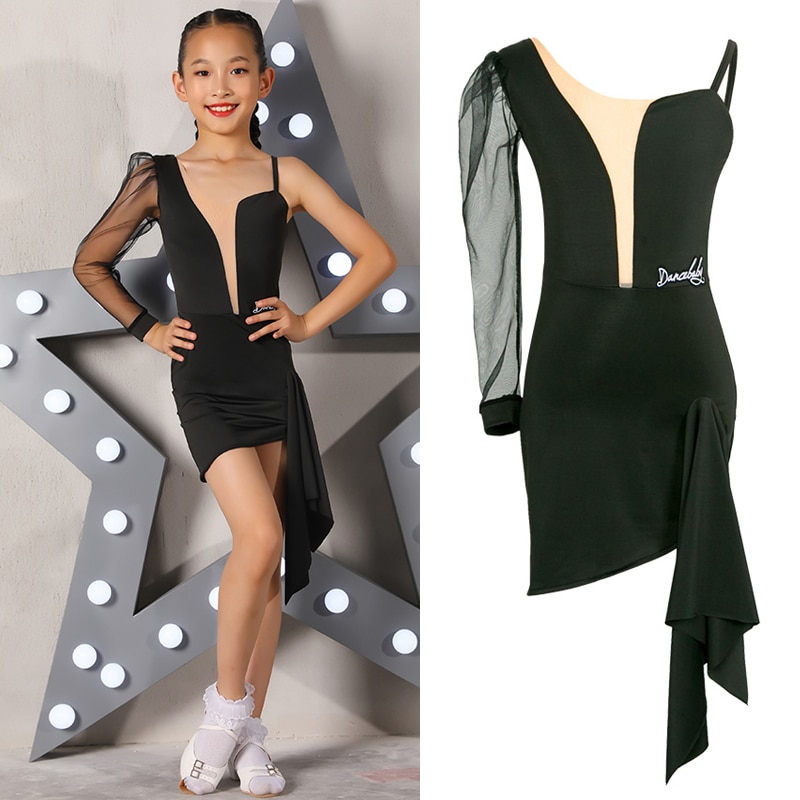 Robe de concours de danse latine fille enfants robes de fête Costume de scène ChaCha Samba danse pratique vêtements robe noire BL4838