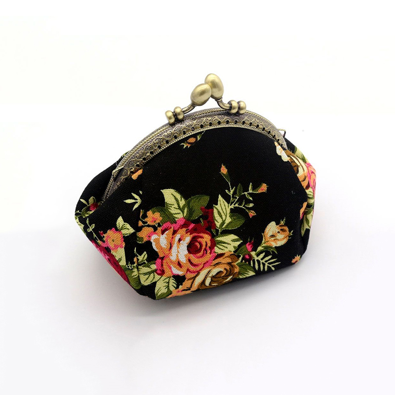 Women's vintage rose print canvas coin purse, kiss lock clip fabric purse card bag storage bag: black
