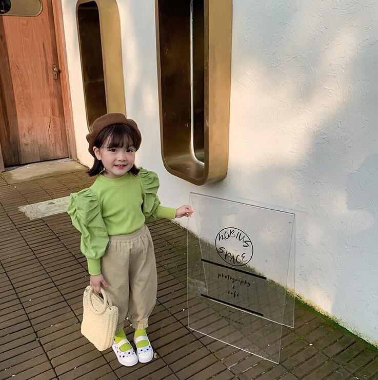 2020 nuove Ragazze balze T-camicia Autunno Del Manicotto di Soffio di Modo Delle Ragazze del Cotone superiore 2-7 anni QW157: esercito verde