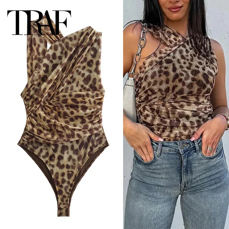 Traf leopardprint mesh bodysuit kvinder off shoulder tyl sexet kvindekroppe ærmeløs stram bodysuit lingeri sommertoppe