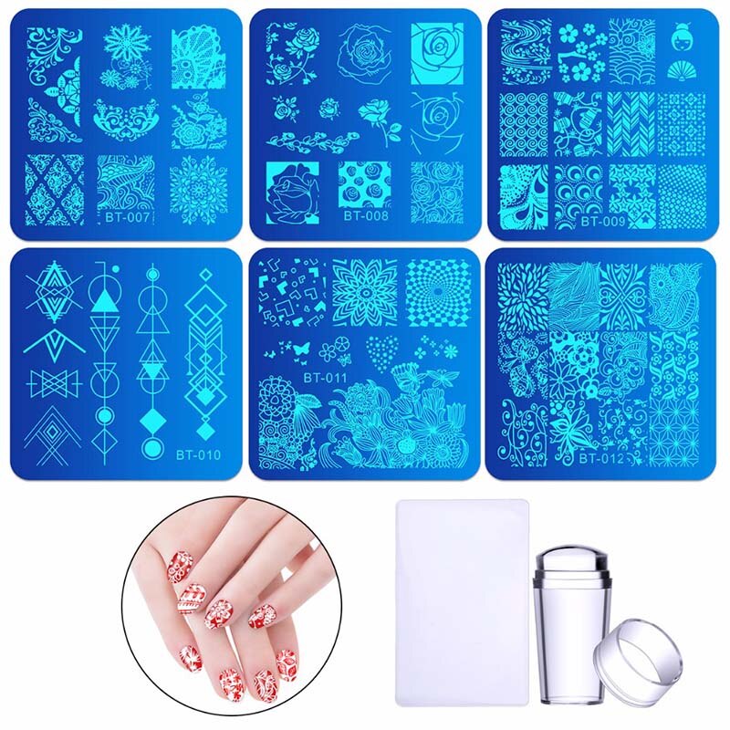 Udene nail art plader og stempler skabeloner ren klar gelé silikone negle stempling plade værktøjer søm dekoration skabelon 9 stil