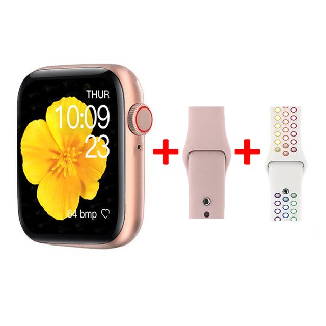 T55 + Smart Uhr Mann 44mm Full Touch Siri Zifferblatt Aufruf Sport Frauen Smartwatch Vögel Fliegen Spiele Blutdruck für Android IOS: SET 7 pink