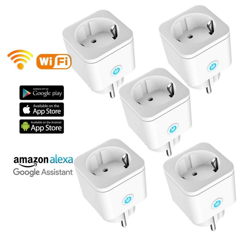 1/5 stk 16a eu standard wifi smartplugg med strømmonitor, smart liv app ekstern smartkontakt fungerer til google hjem, alexa