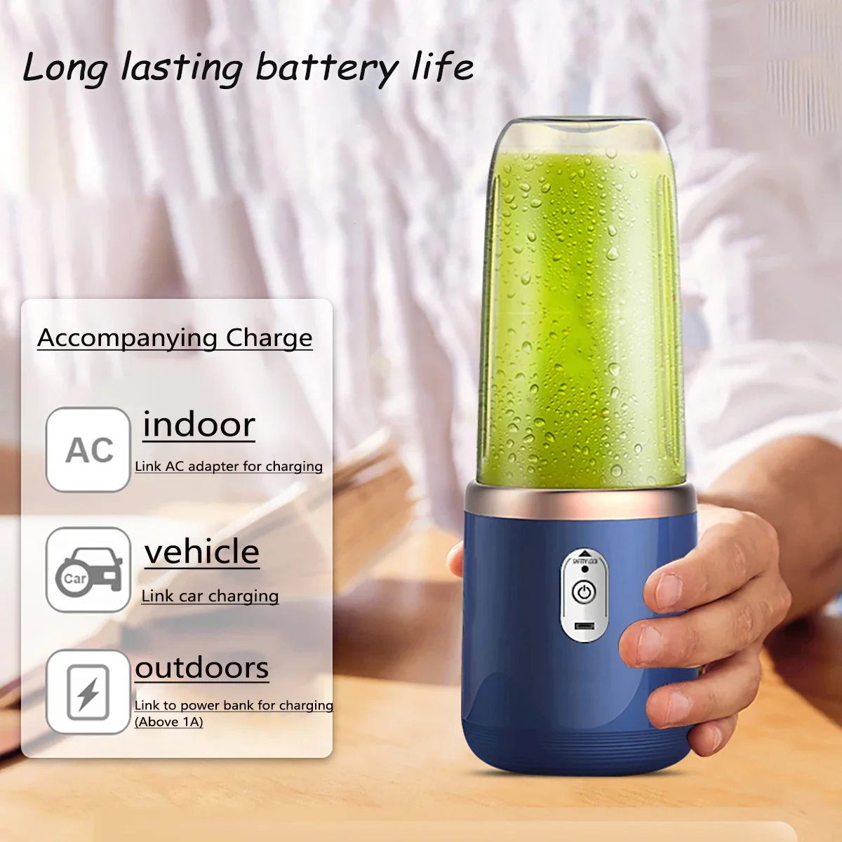 1 tragbarer Entsafter mit zwei Tassen – über USB wiederaufladbar, kompakt und langlebig, inklusive Trageband, perfekt für Smoothies und Frühstück unterwegs.