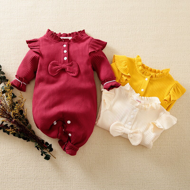 Hibobi Baby Girl Bow Knot Ruffle Jumpsuit Long Sleeve Jumpsuit Cotton Bodysuit