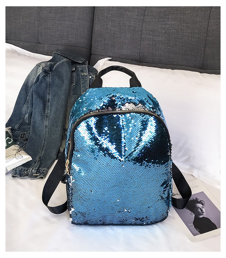 Feminino senhora lantejoulas mochila meninas escola mochila bolsa de ombro de viagem: Azul