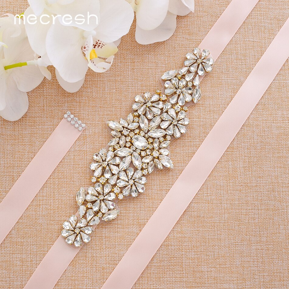 Mecresh-Cinturón de boda con diamantes de imitación para mujer, Color dorado, cinta con flores, hecho a mano, para novia, MYD034