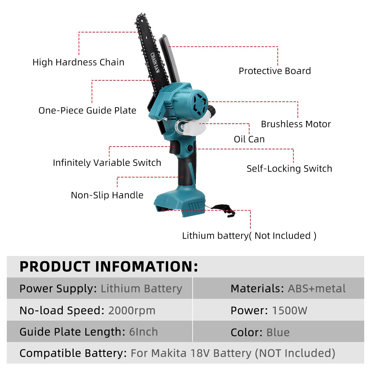Drillpro 1500W 6 inch Brushless Electric Chain Saw Rechargeable mini Chainsaw Woodworking Logging Pruning for Makita 18V Battery