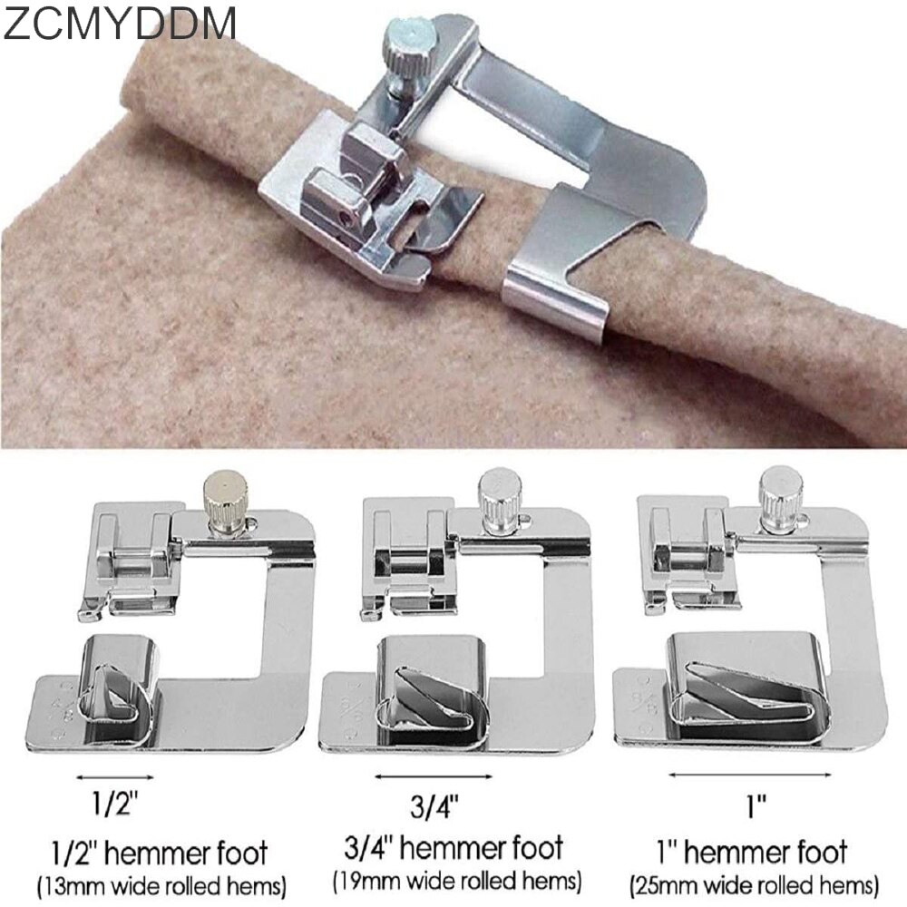 ZCMYDDM 3 Size Rolled Hem Presser Hemmer Foot 1/2Inch 3/4Inch 1Inch for Brother Singer Low Shank DIY Sewing Machine Tool