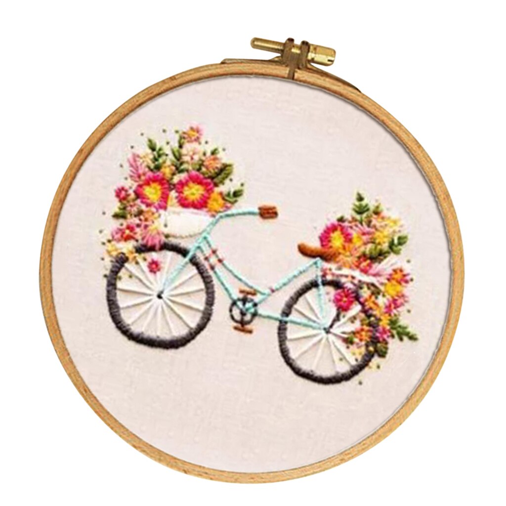 Stemplet broderikit med mønster, fortrykt klud og ramme 15cm diy håndarbejde - blomst & cykel