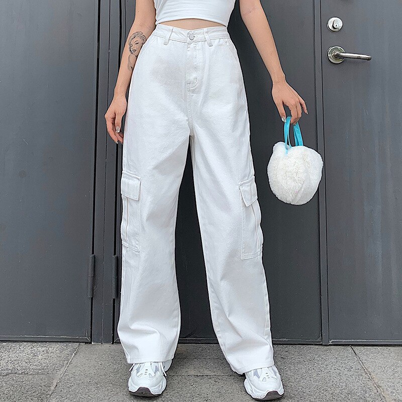 Yyxz lente herfst schattige losse grote zakken sml 3 kleuren hoge taille vrouw casual katoenen denim broek dames jeans broek: Wit / M