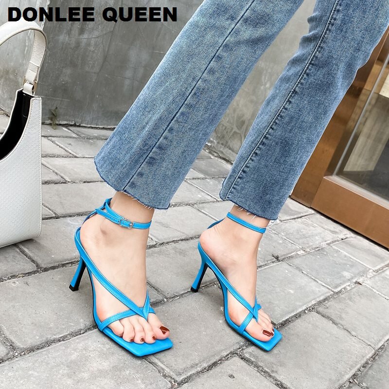 Lente Zomer Vierkante Teen Slingback Sandalen Smalle Band Gladiator Sandalen Schoenen Vrouwen Hoge Hakken Pumps Party Dress Schoenen
