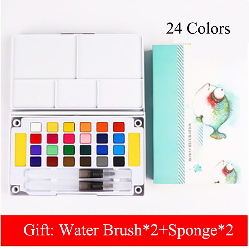 12/18/24/36 farver bærbar solid akvarel maling håndmalet akvarel pigment med akvarel pensel svamp til studerende kunst: 24 farver