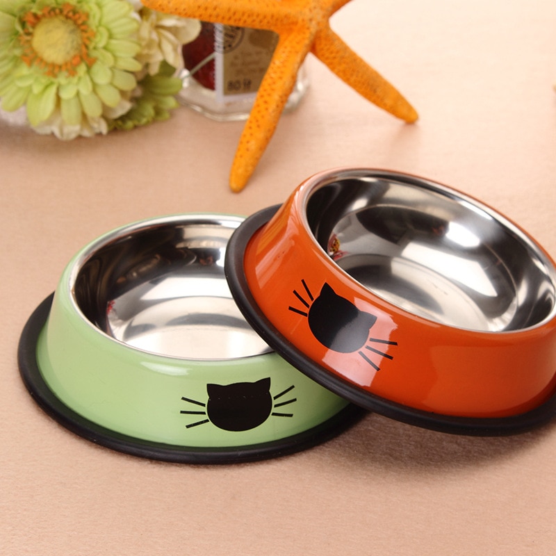 Stainless Steel Dog Bowl Cute Orange Cartoon Print Cats Bowls Food Drink Water Feeder Pets Dog Dish Feeder Tableware