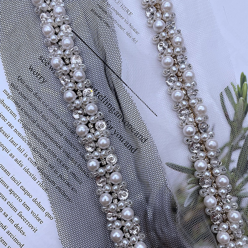 0.5 meter wit (45cm)  parelmoer kralen kantversiering handgestikte kristallen kralen kant lint stof naaimateriaal voor kleding
