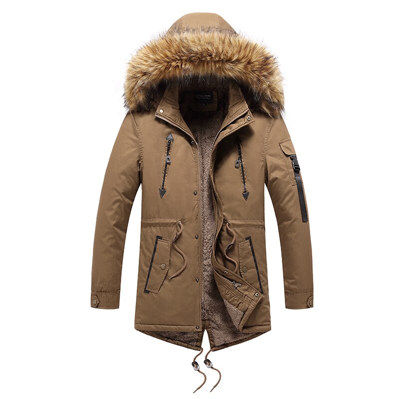 Miesten talvi parkatakki miesten pitkä takki puuvilla lämmin paksu rento parka miesten pitkä karvakaulus fleece tuulenpitävä hupullinen takki: Ruskea / Xxxl