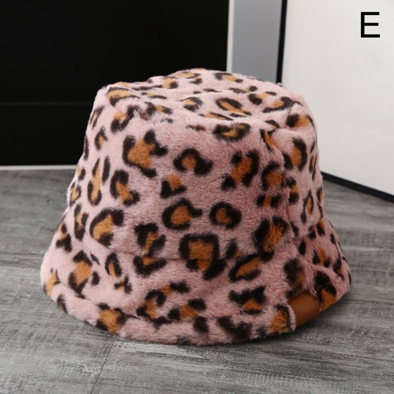 Korea kvinder efterår vinter vintage leopard plys bucket cap faux fur plys sød dejlig fisker hat varm kasket dame: E