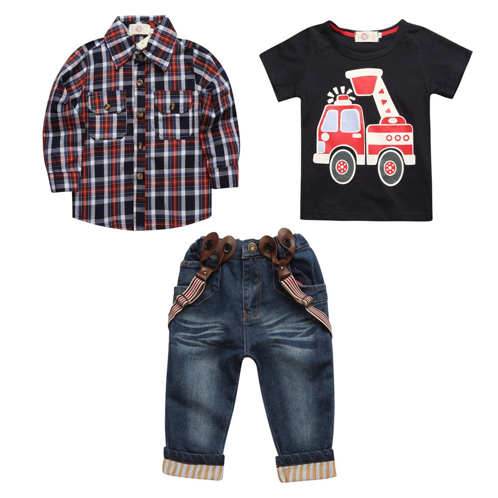 Hooyi drenge jeans sæt 3 stk plaid skjorte overall brandbil t-shirt jeans bukser seler børnetøj bil outfit bukser jakkesæt: 3t