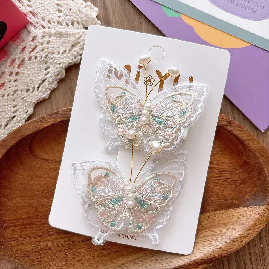 2 piezas de horquillas con forma de mariposa y perlas bordadas para niños, pinzas para el pelo, pasadores, accesorios para el cabello: Azul