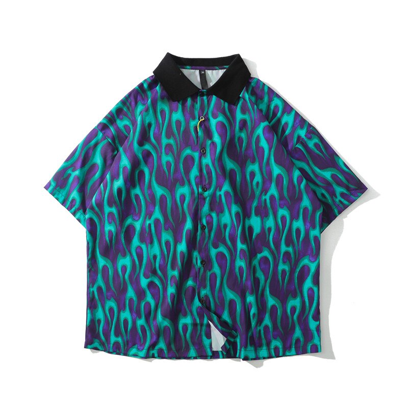 Mørkt ikon blå flamme hawaiiansk skjorte street herreskjorte oversized skjorter for menn: Xl