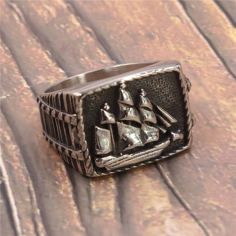 Vintage Punk Sailing Boat Ship Ring Stainless Steel Jewelry Classic Ship Biker Men Ring