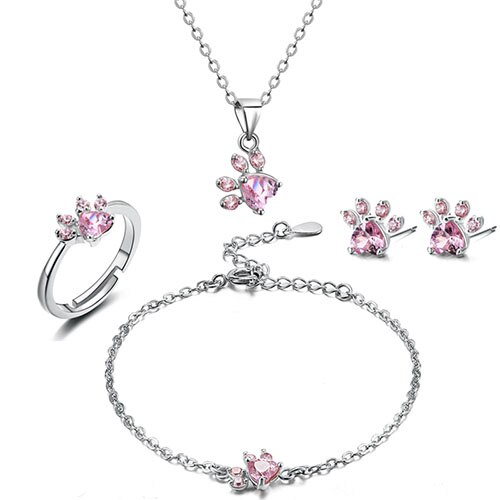 4 Stuks Kat Bear Poot Ring Voor Vrouwen Sieraden Sets Wit Cz Steen Zilveren Kleur Ringen Ketting Armband oorbel Set: silver pink sets