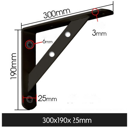 Trekantbrakett tykkere rettvinklet metalliske materialer hyllerom hyllestøttelag faste bærende støttehyller: Svart 300 x 190 x 25mm