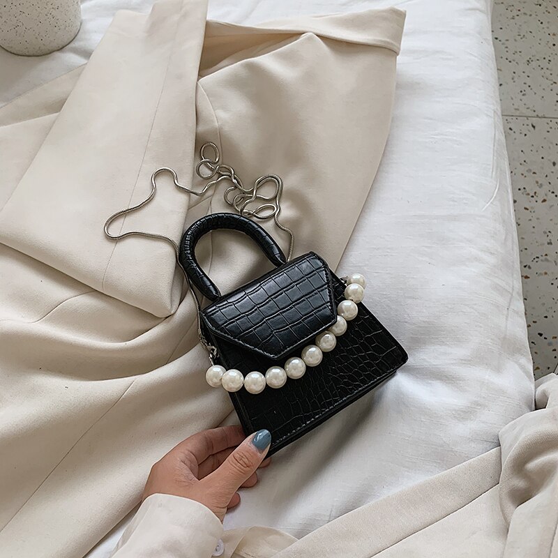 Perle poignée Super mini en cuir PU sacs à bandoulière pour femmes sac à bandoulière voyage sacs à main motif pierre: Black