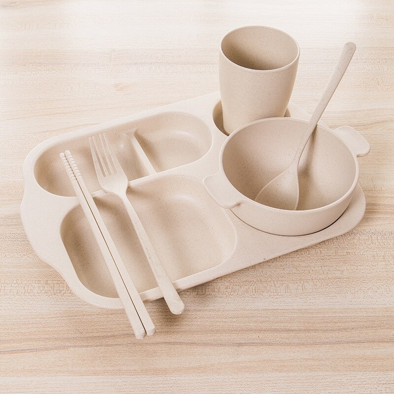 6 Stks/set Baby Mooie Kom Tarwe Materiaal Kinderen Sectionele Diner Plaat Tarwe Stro Materiaal Kom Servies Set Plastic Effen: Beige set