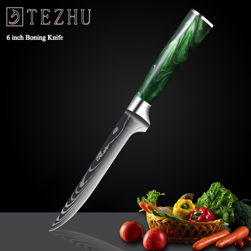 Professionele Keuken Messen Set Japanse High Carbon Staal Chef Messen Imitatie Damascus Patroon Slicer Santokumes Set: boning knife