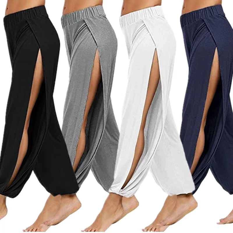 Vrouwen Mode Yoga Broek Hoge Taille Spleet Wijde Pijpen Harembroek Gym Leggings Casual Solid Hollow Workout Broek Gym Homewear