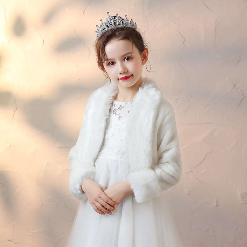 Ragazze inverno grande collo in pelliccia sintetica cappotti corti principessa avorio bianco Bolero coprispalle bambini spessore caldo avvolgere mantelle per feste di nozze sacre