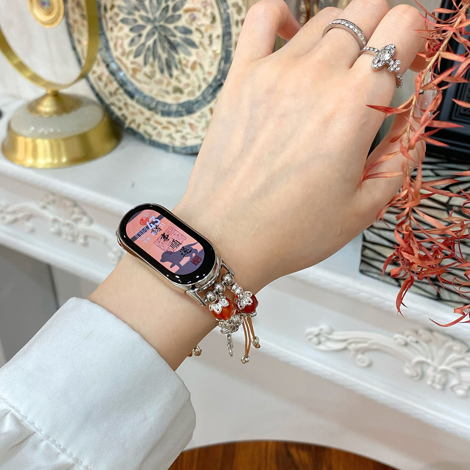 For xiaomi mi Band 8 straps Mi3 4 6 5 7 Model transparent PC watch frame Chinese bow beaded strap Mi8 9 Metal connector