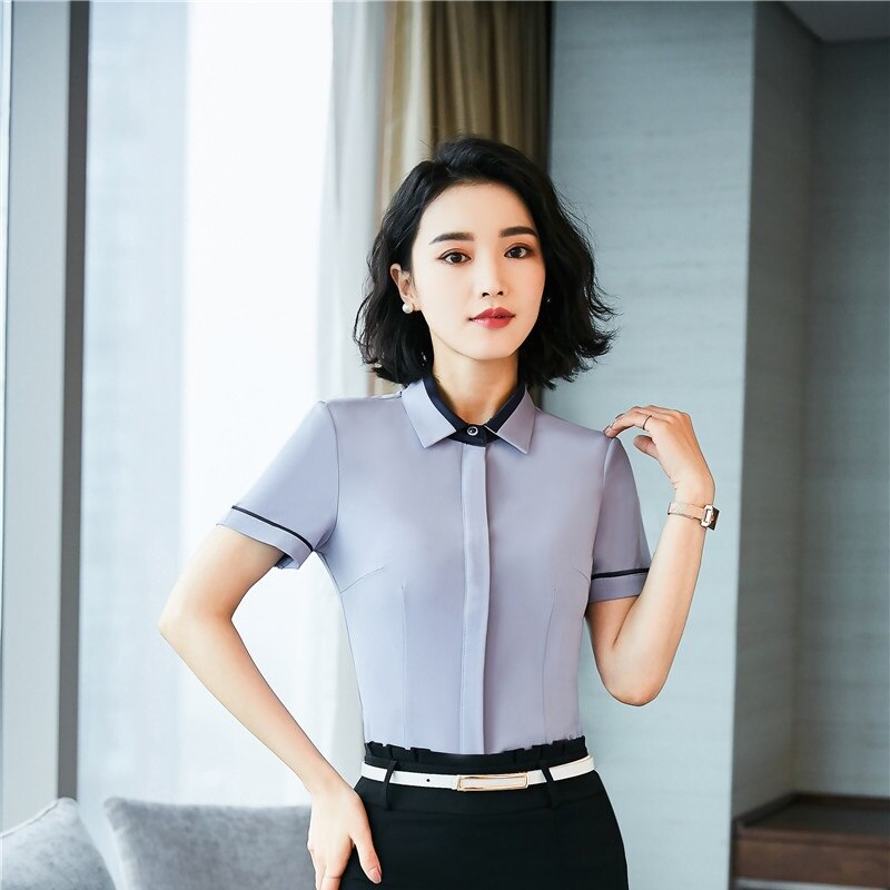 Summer Formal Women Blouses & Shirts Gray With Tie Short Sleeve Ladies Office Uniform Styles Blouse Female Clothes
