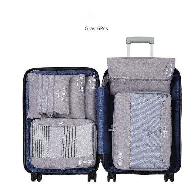 Portable Travel Bags Pouchs Set Storage Bag Suitcase Clothes Cosmetic Organizer Luggage Packing Laundry Accessories Supplies: Gray  6 Pcs