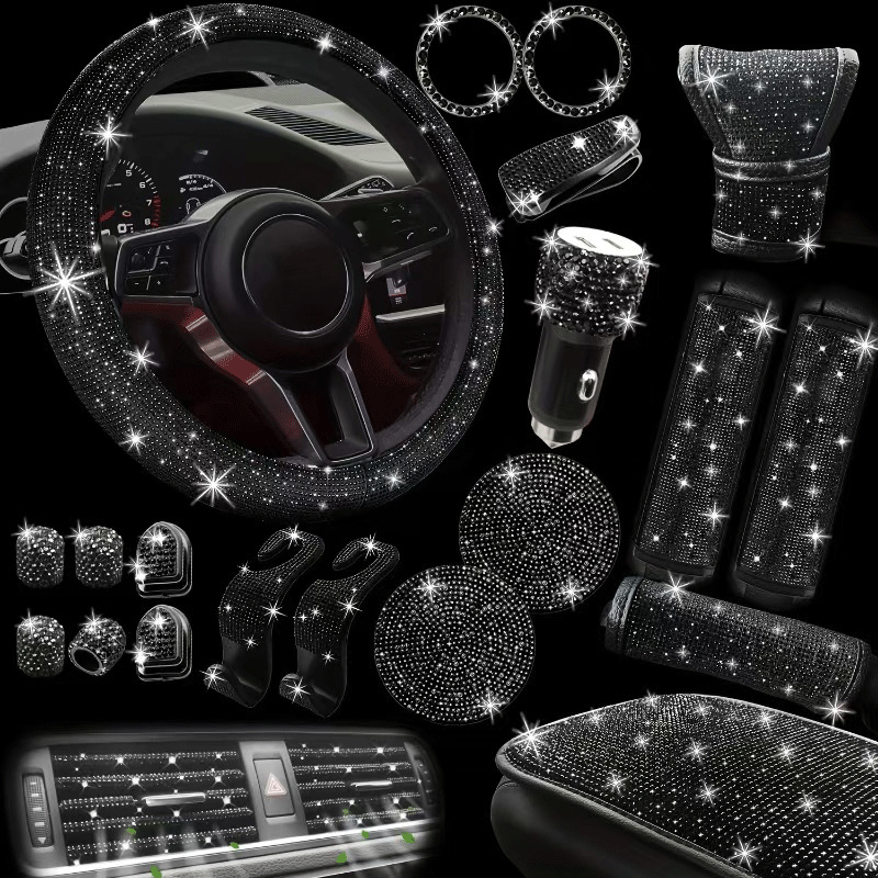 Juego de accesorios para coche, 30 piezas, cubierta Universal ostentosa para volante para mujer, salida de aire brillante, posavasos, herramientas, gancho L, freno de mano, Etc.: Negro