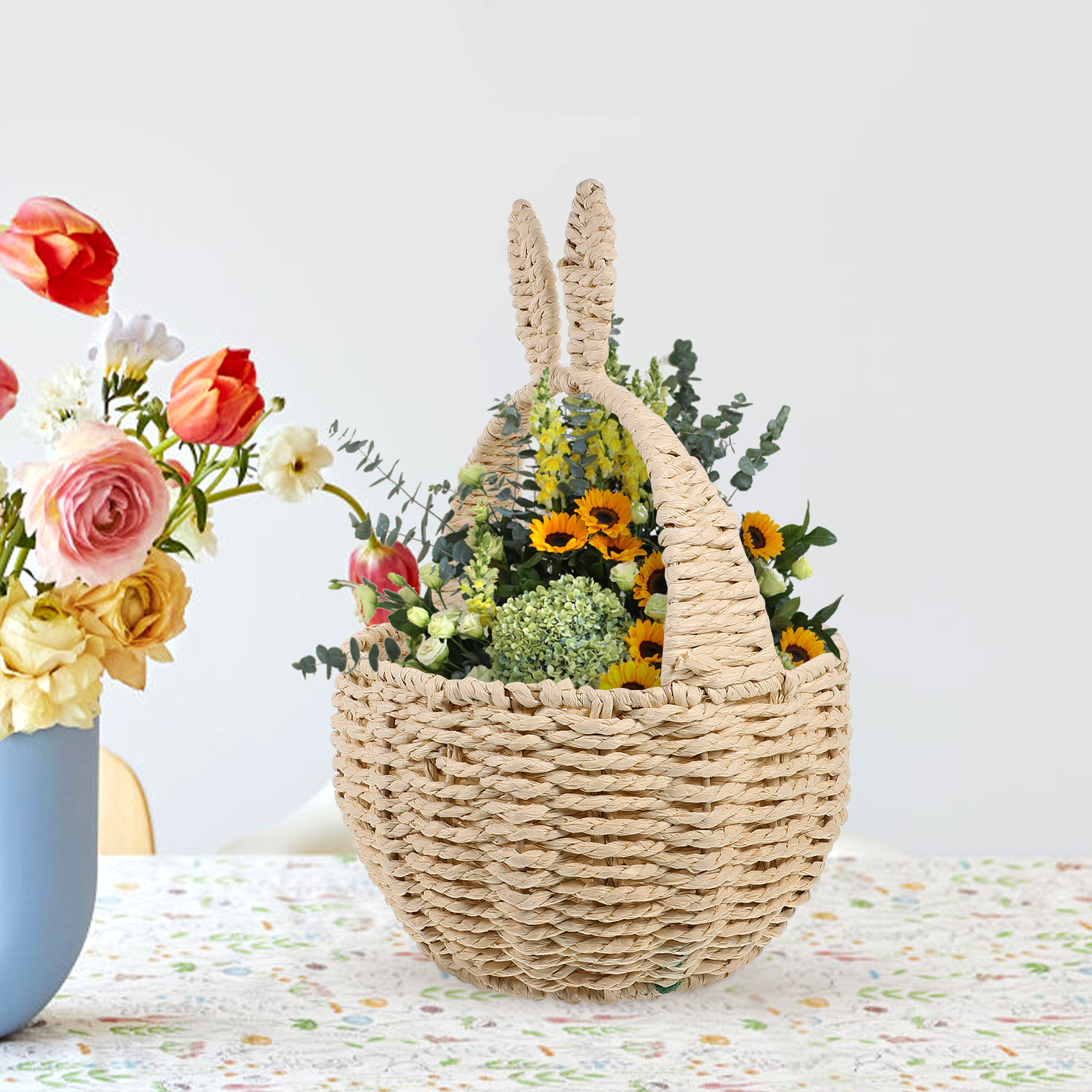 Panier rond tissé à la main, panier oreilles de lapin, bacs de rangement tissés, paniers en Imitation rotin, panier de rangement décoratif, corde en papier