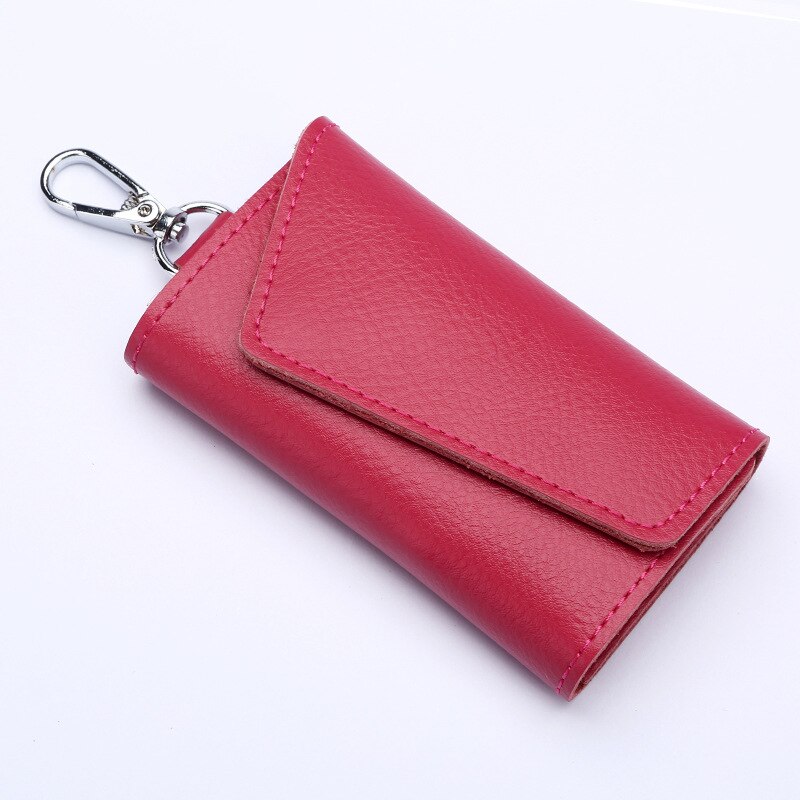 Lederen Sleutelhanger Mannen Vrouwen Key Houder Organizer Pouch Koe Split Autosleutel Portemonnee Huishoudster Sleutel Case Mini Card tas: Rose red