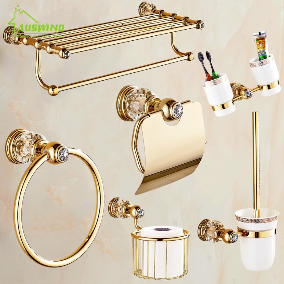 Solid Brass Crystal Bathroom Accessories Set Polish Finish Gold Bathroom Hardware Set Europe Antique Bathroom Products ST1