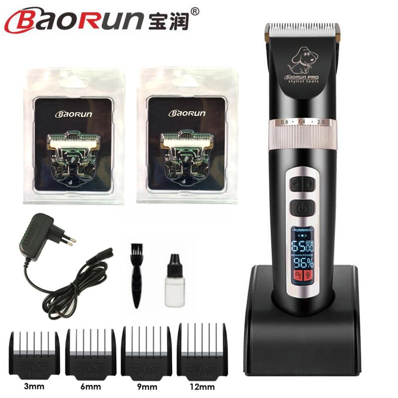 BaoRun P9 Pet Clipper Dog Hair Trimmer Grooming Pets Animal Cat Shaver Electric Scissors Mower Haircut Machine: Black add 2pcs blade