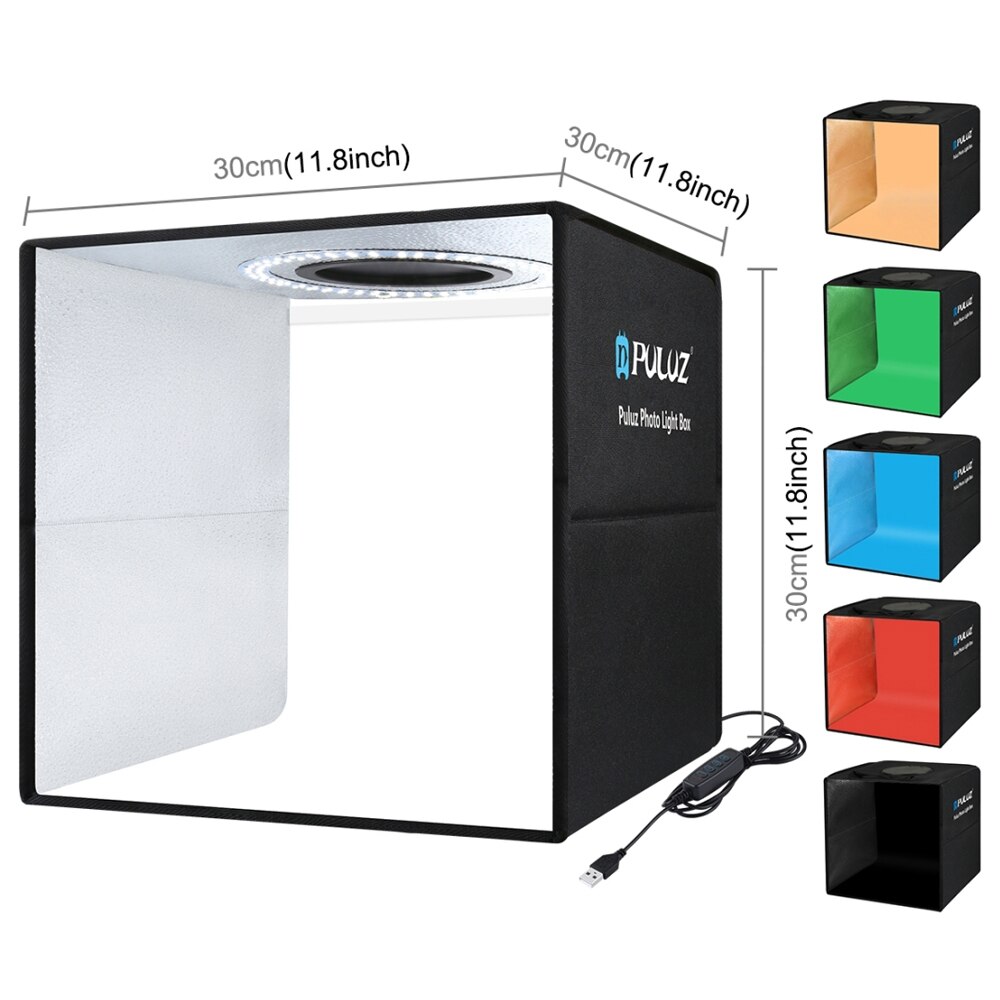 PULUZ 80 60 40 30 25 cm Folding Portable Ring LED Light Photo Lighting Studio Shooting Tent Box Kit with 6 12 Colors Backdrops: 30cm Black 6 Colors