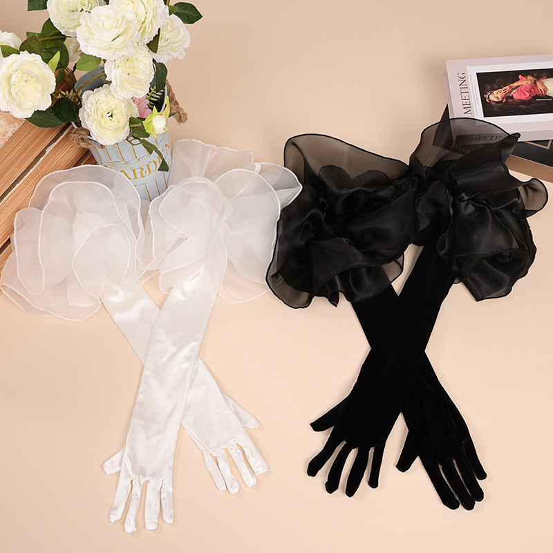 Mesh Ruffles Velvet Long Gloves Solid Color Hand Sleeve For Women Bridal Wedding Dress party Dress Etiquette Gloves