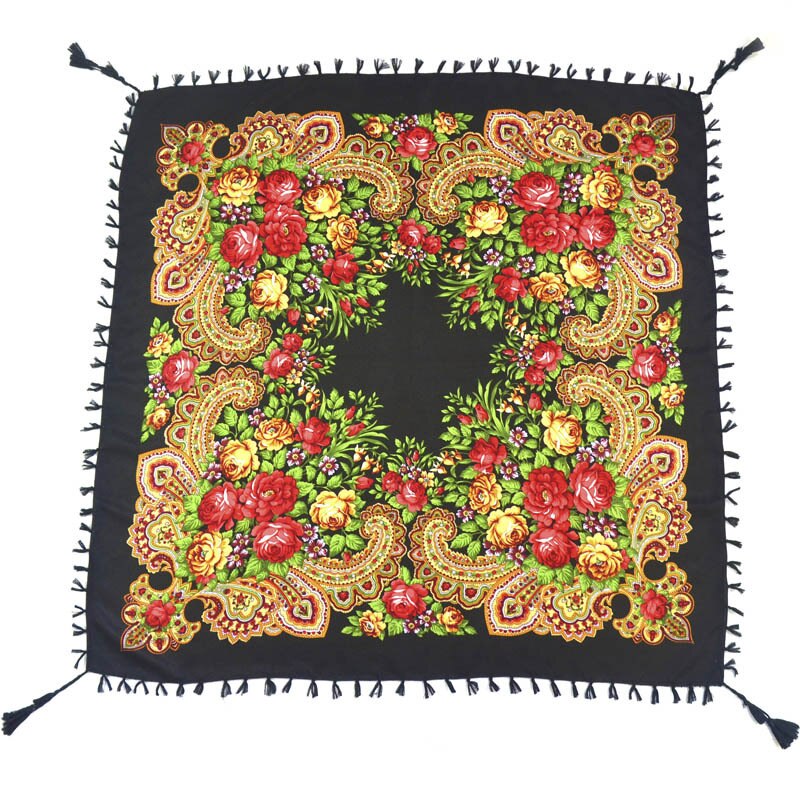 90*90cm châles russes pour femmes, écharpes nationales en coton imprimé, foulards russes rétro à franges, bandanas, pashminas d'hiver pour dames