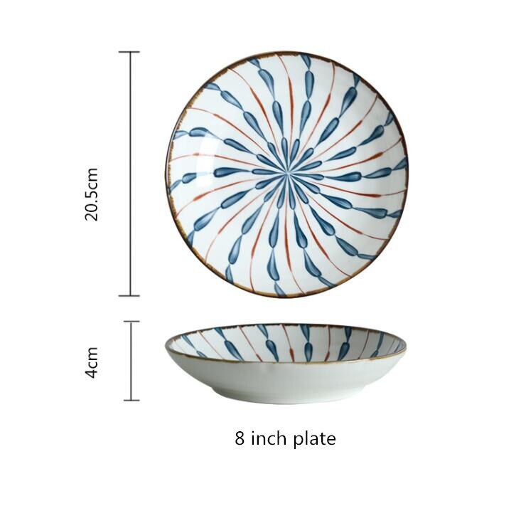 Japanese blue water drops Dinner Plate Set Ceramic Kitchen Plate Tableware Set Food Dishes Rice Salad Noodles Bowl Soup: 8inch round plate