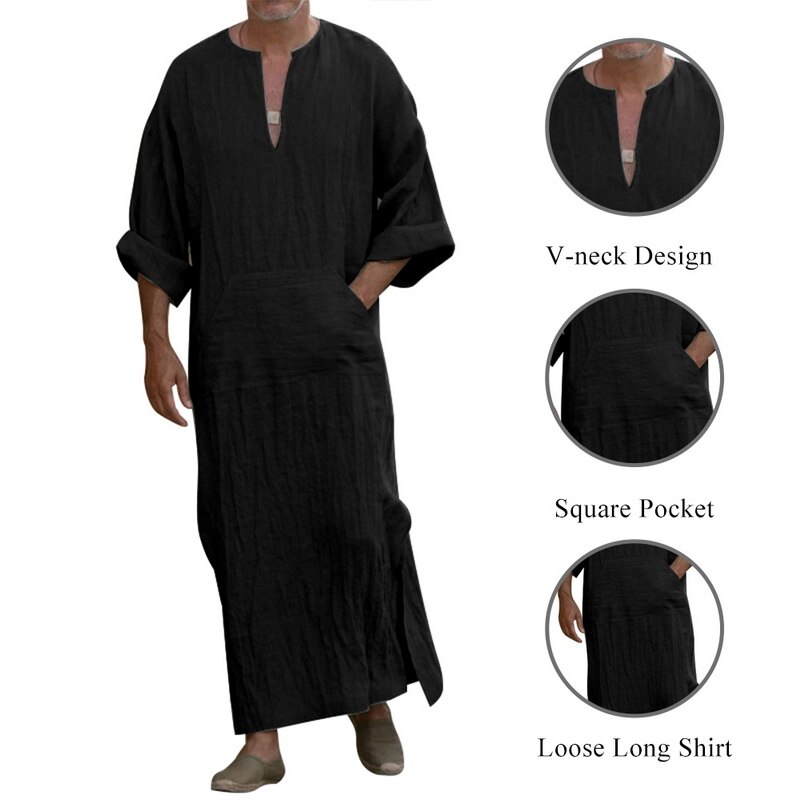 5xl muslimsk lang herreskjorte pluss størrelse tilfeldig, løse, lange ermer, herrelommer, arabisk bomull, linknapp, vanlige sovekåper