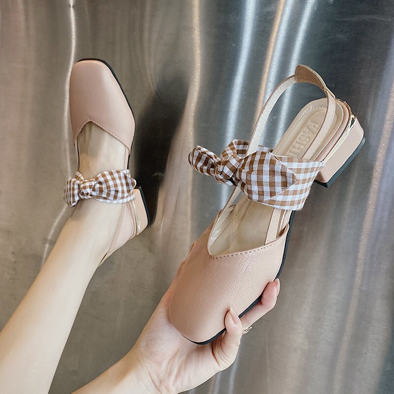 Fairy Tale Plaid Bow Tie Slingback Women Sandals Covered Toe High Heel Shoes Women Slip on Square Toe Sandals