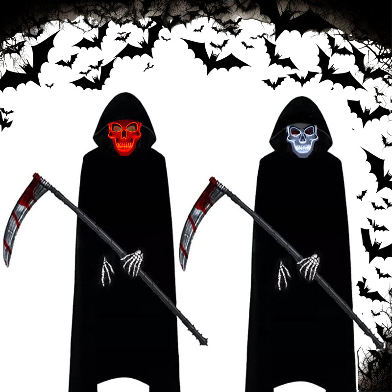 Costume cosplay di halloween: mietitore, terrificante costume da scheletro per bambini, mietitore per adulti, tunica da fantasma e falce