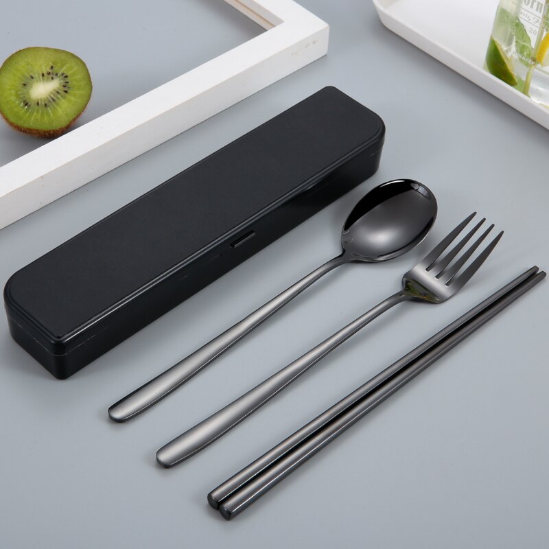 304 ruostumatonta terästä korea astiasto lusikka syömäpuikot laatikko astiasto matka ruokailuvälinesarja kannettava astiasto: Musta 3 kpl